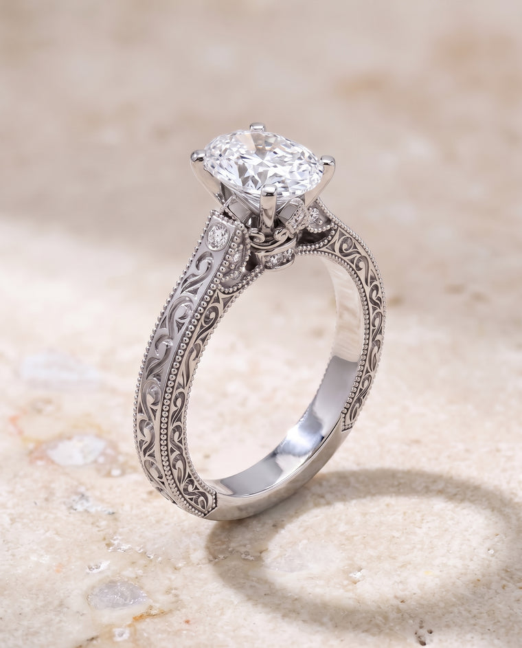 The Stella Antique Hand Engraved Solitaire Oval Engagement Ring Setting in 18K White Gold