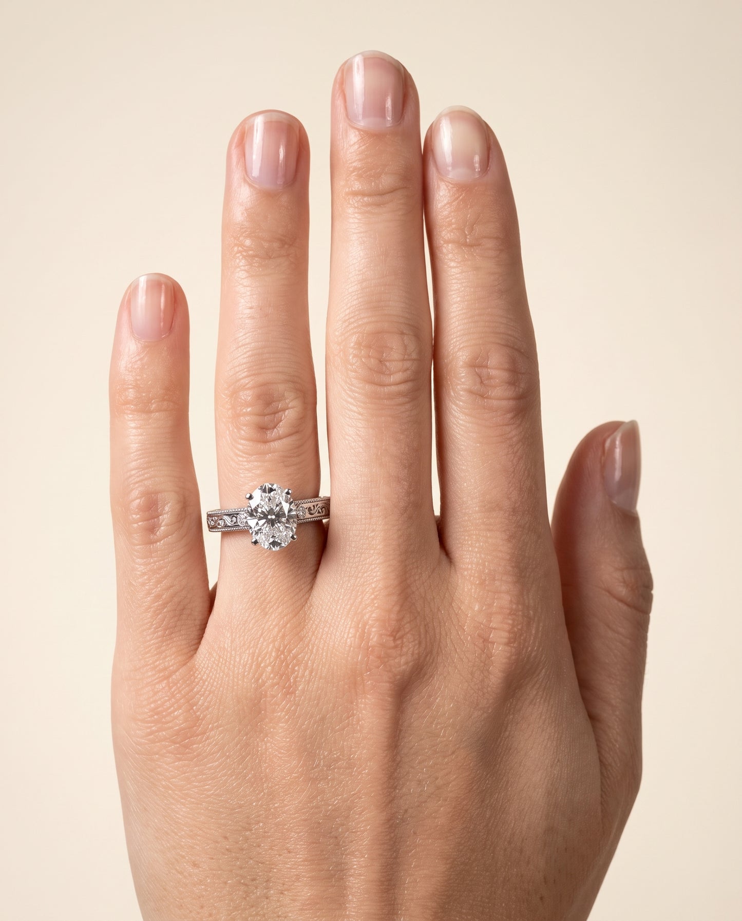 The Stella Antique Hand Engraved Solitaire Oval Engagement Ring Setting in 18K White Gold
