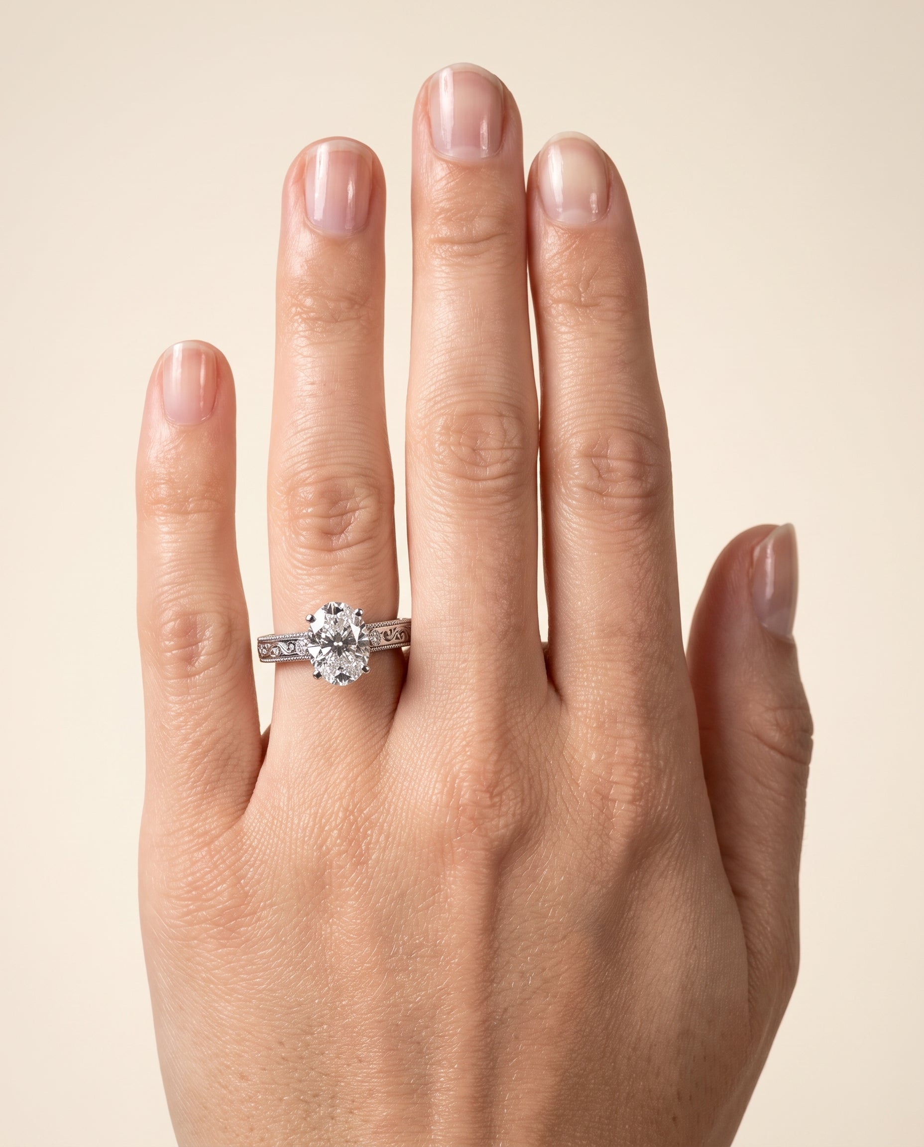 The Stella Antique Hand Engraved Solitaire Oval Engagement Ring Setting in 18K White Gold
