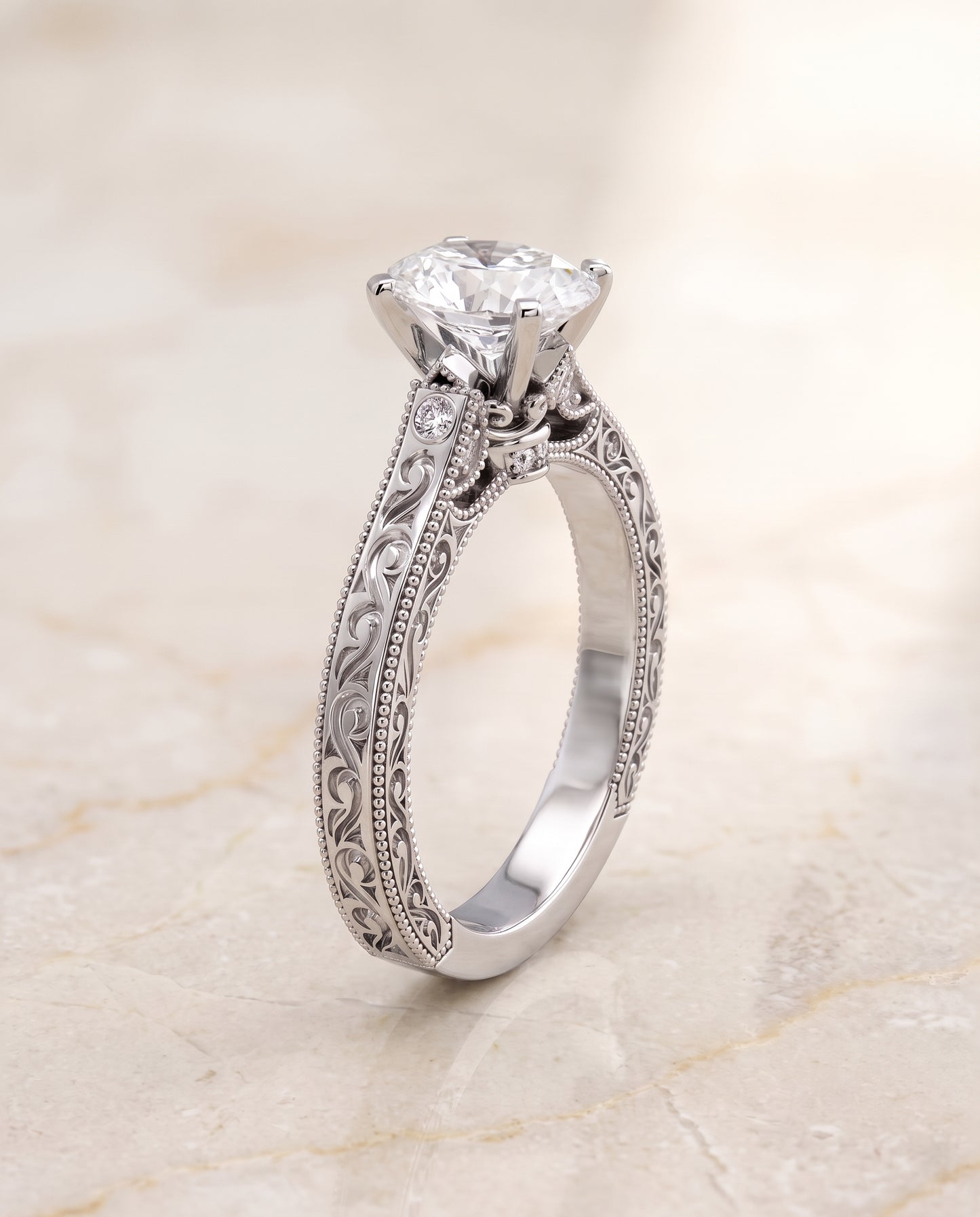 The Stella Antique Hand Engraved Solitaire Oval Engagement Ring Setting in 18K White Gold