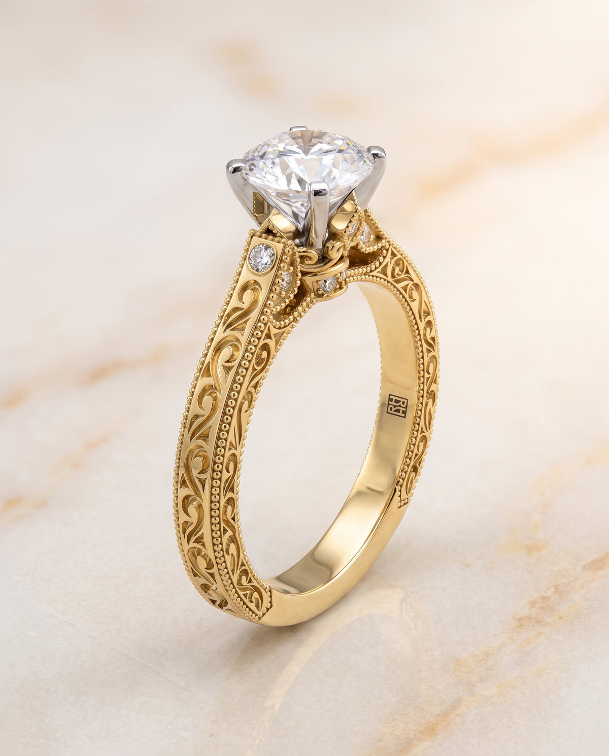 The Stella Antique Hand Engraved Solitaire Round Engagement Ring Setting in 18K Yellow Gold
