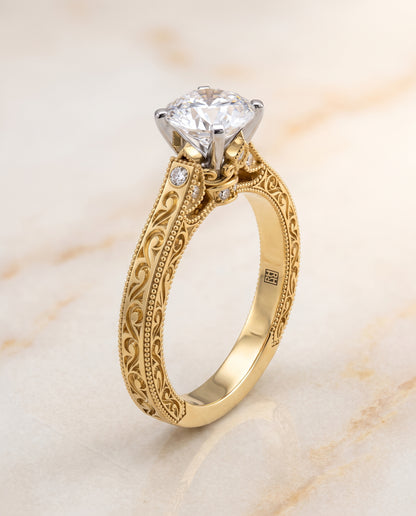 The Stella Antique Hand Engraved Solitaire Round Engagement Ring Setting in 18K Yellow Gold