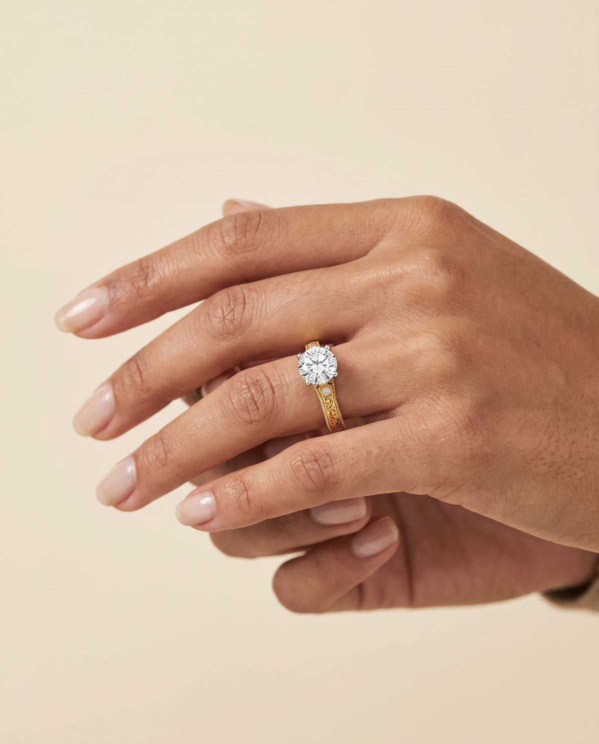 The Stella Antique Hand Engraved Solitaire Round Engagement Ring Setting in 18K Yellow Gold