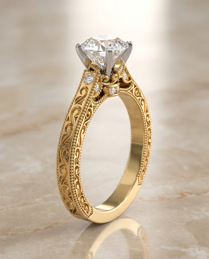 The Stella Antique Hand Engraved Solitaire Round Engagement Ring Setting in 18K Yellow Gold