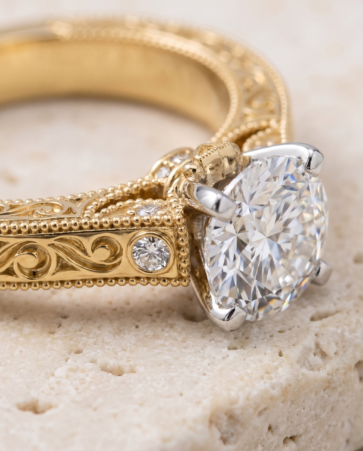 The Stella Antique Hand Engraved Solitaire Round Engagement Ring Setting in 18K Yellow Gold