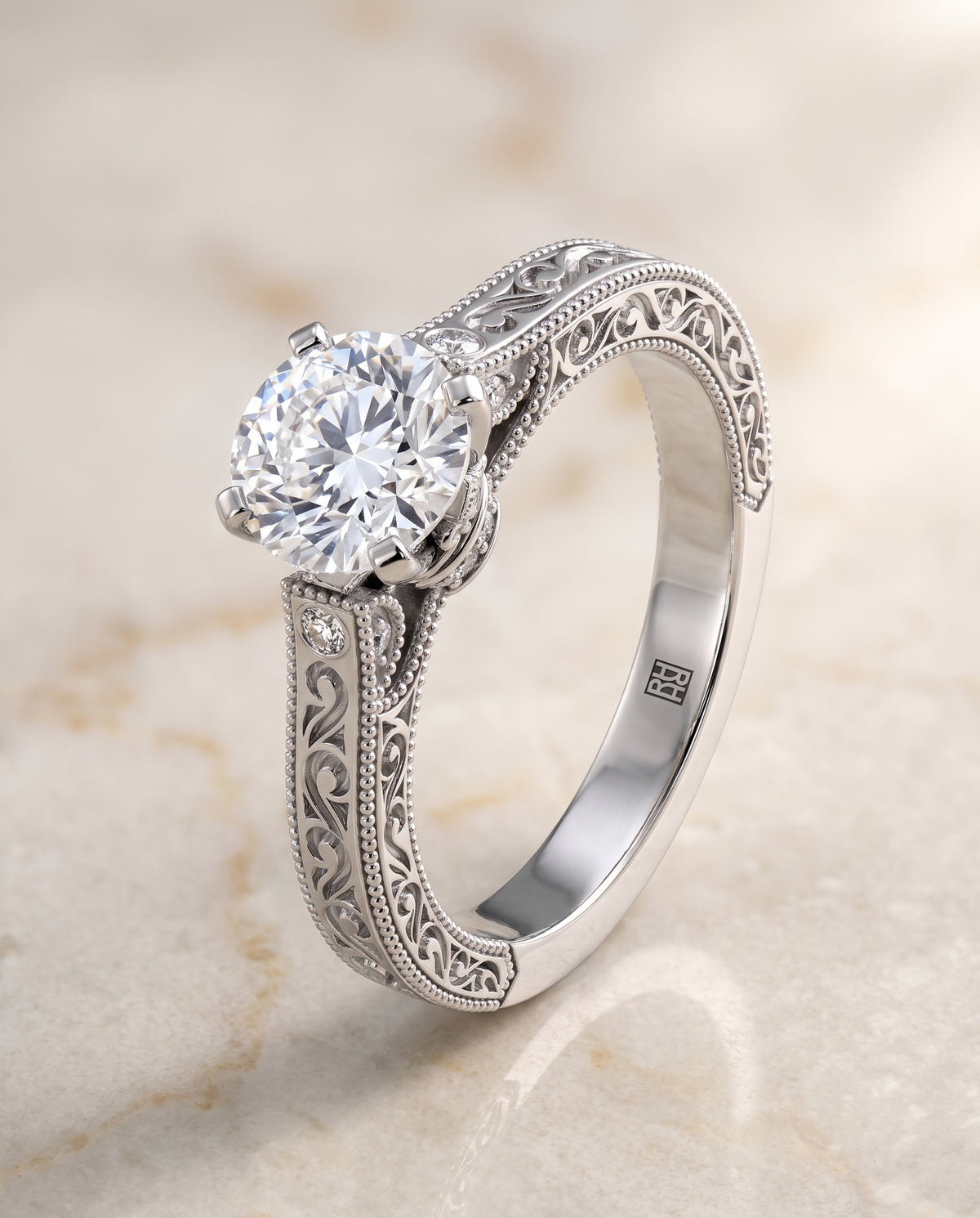 The Stella Antique Hand Engraved Solitaire Round Engagement Ring Setting in Platinum
