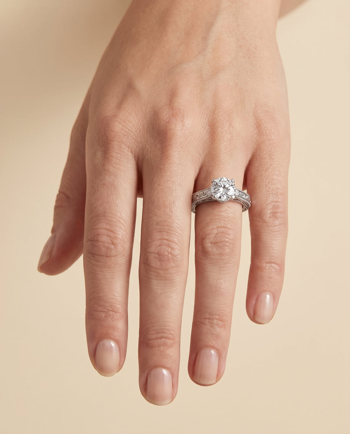 The Stella Antique Hand Engraved Solitaire Round Engagement Ring Setting in Platinum