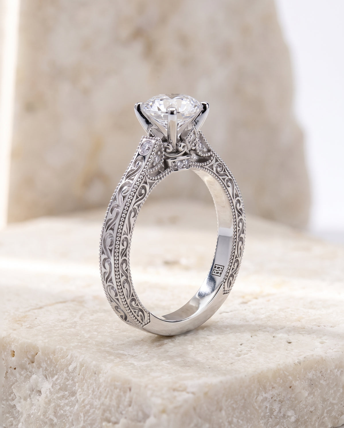 The Stella Antique Hand Engraved Solitaire Round Engagement Ring Setting in Platinum