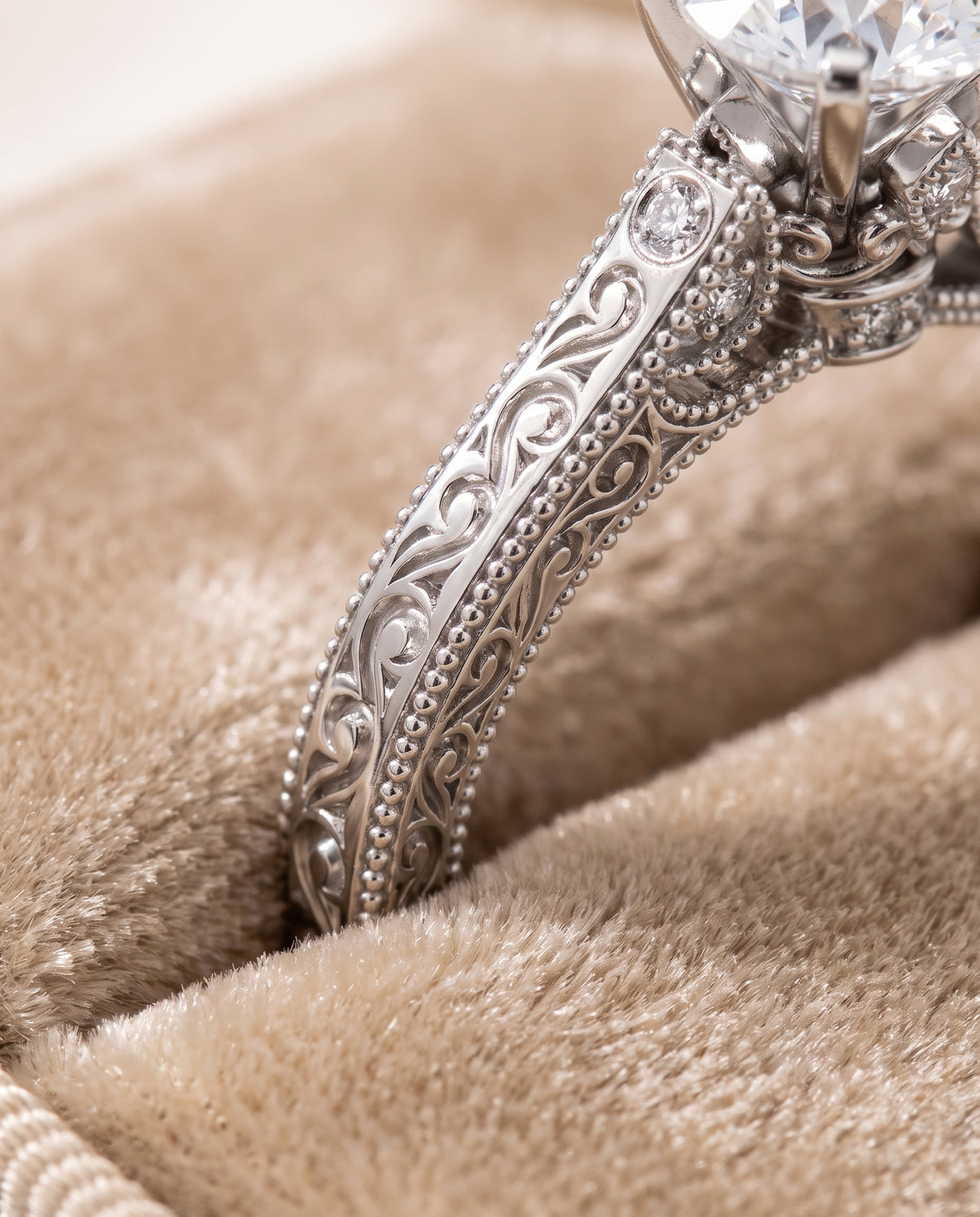 The Stella Antique Hand Engraved Solitaire Round Engagement Ring Setting in Platinum