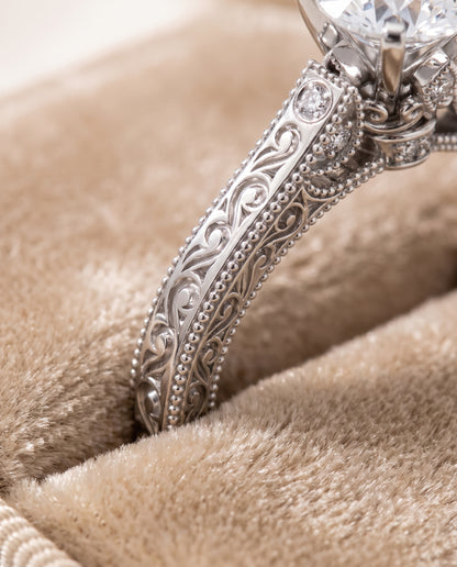 The Stella Antique Hand Engraved Solitaire Round Engagement Ring Setting in Platinum