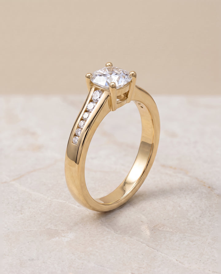 The Stevie Contemporary Channel Cushion Cut Engagement Ring Setting in 18K Yellow Gold