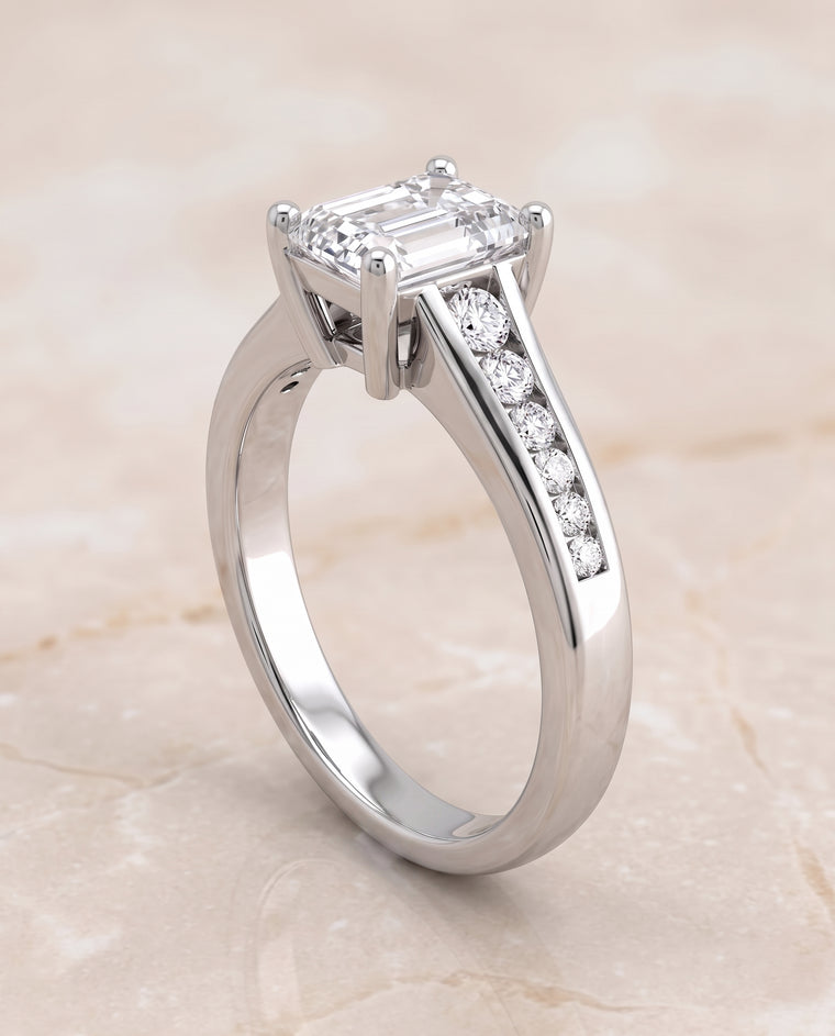 The Stevie Contemporary Channel Emerald Cut Engagement Ring Setting in 18K White Gold