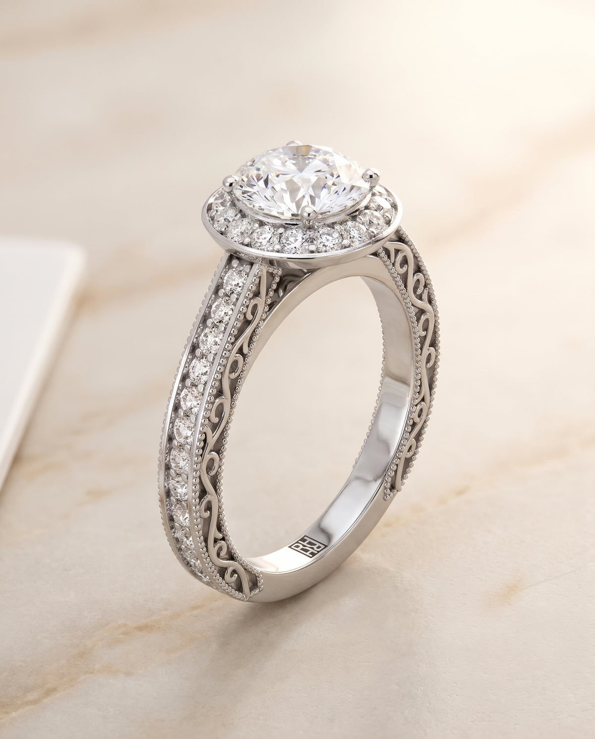The Talea Hand Engraved Milgrain Halo Round Engagement Ring Setting in Platinum