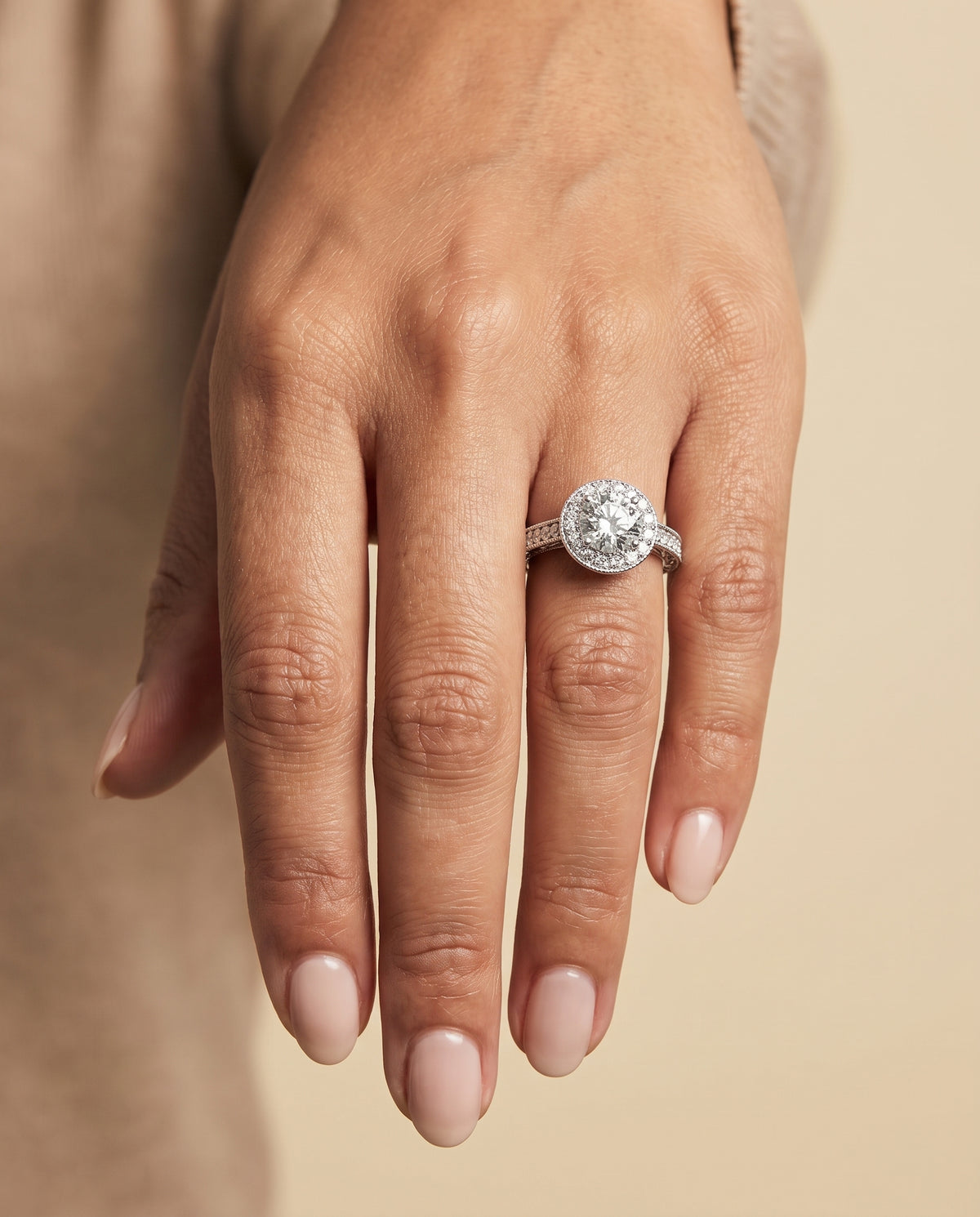 The Talea Hand Engraved Milgrain Halo Round Engagement Ring Setting in Platinum