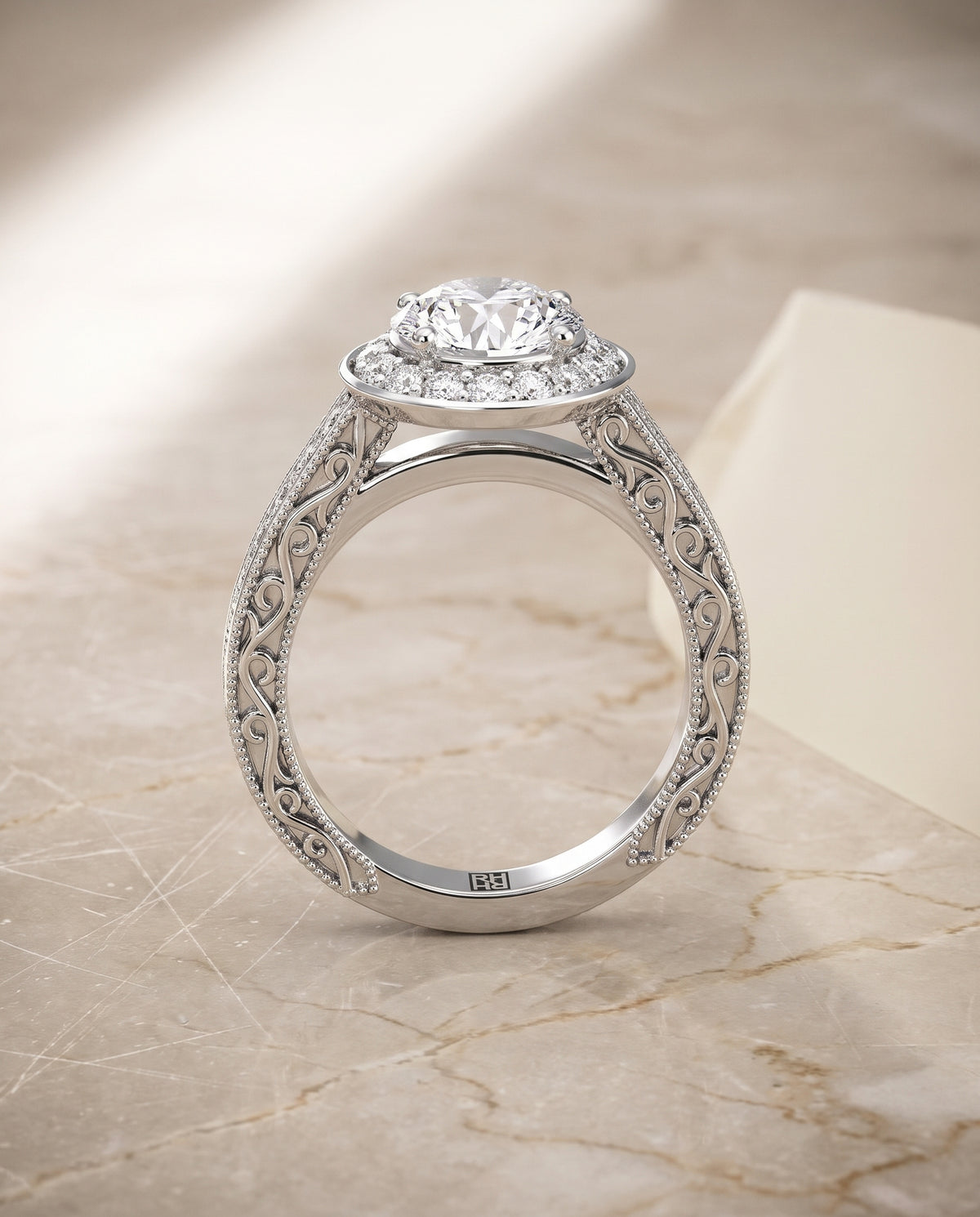 The Talea Hand Engraved Milgrain Halo Round Engagement Ring Setting in Platinum