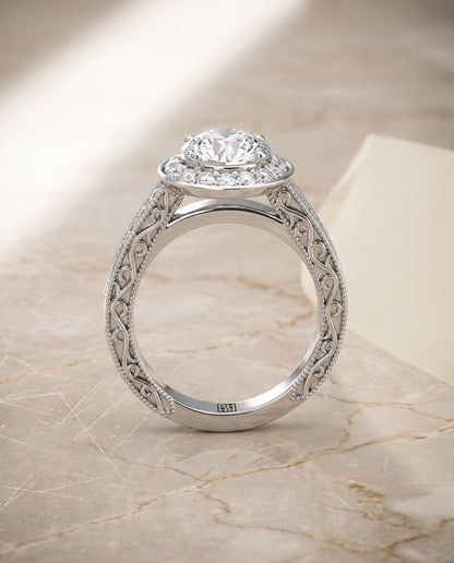 The Talea Hand Engraved Milgrain Halo Round Engagement Ring Setting in Platinum
