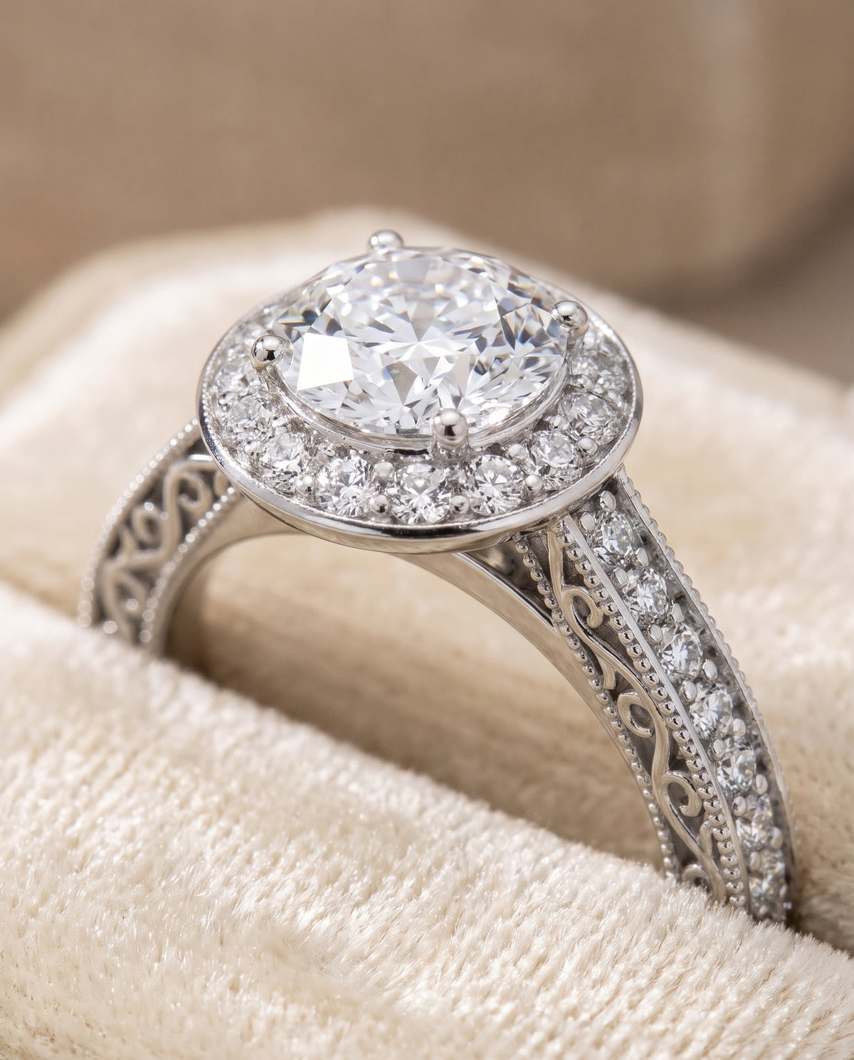 The Talea Hand Engraved Milgrain Halo Round Engagement Ring Setting in Platinum