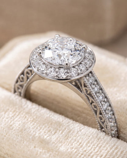 The Talea Hand Engraved Milgrain Halo Round Engagement Ring Setting in Platinum