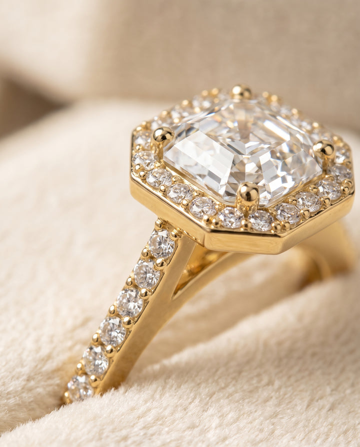 The Taylor Pavé Halo Asscher Cut Engagement Ring Setting in 18K Yellow Gold
