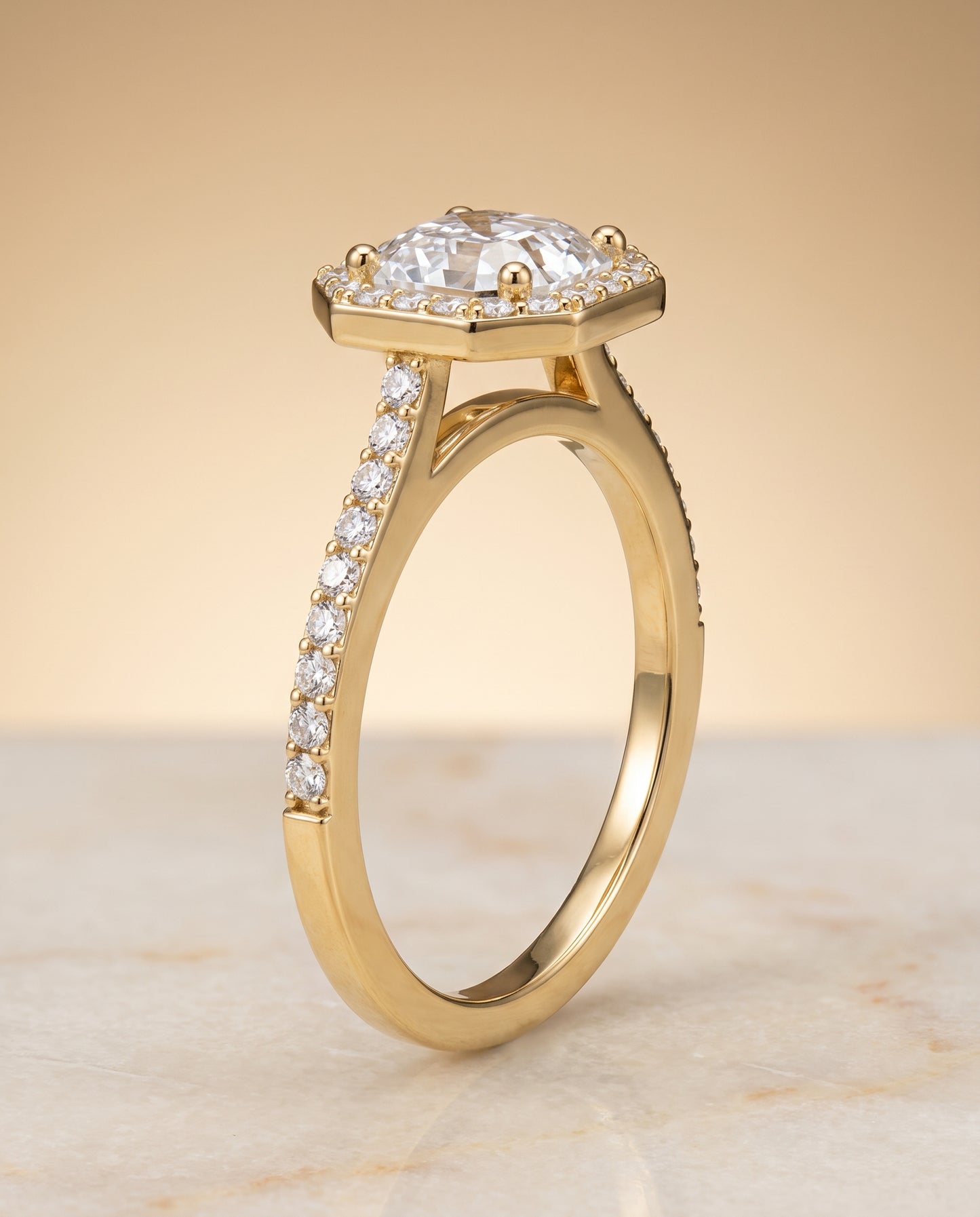 The Taylor Pavé Halo Asscher Cut Engagement Ring Setting in 18K Yellow Gold