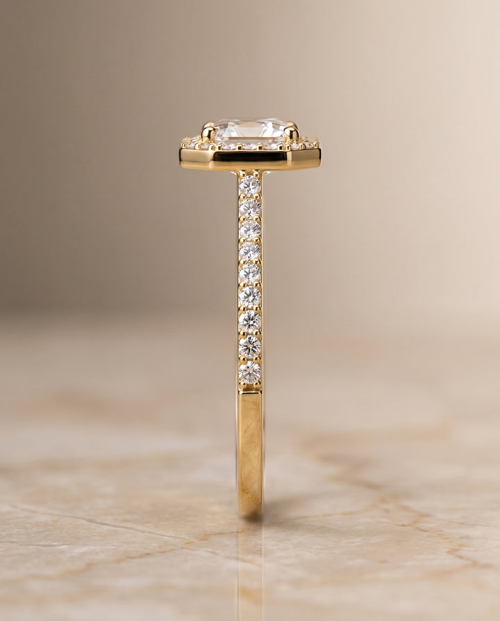 The Taylor Pavé Halo Asscher Cut Engagement Ring Setting in 18K Yellow Gold