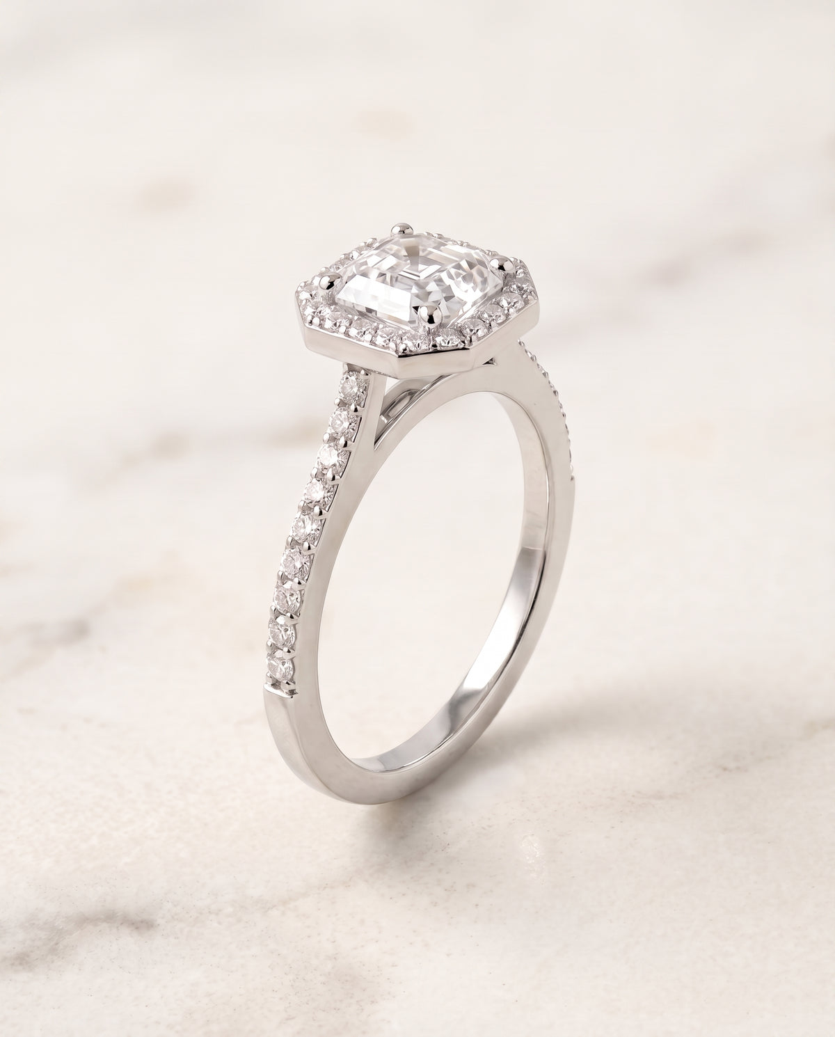 The Taylor Pavé Halo Asscher Cut Engagement Ring Setting in 18K White Gold