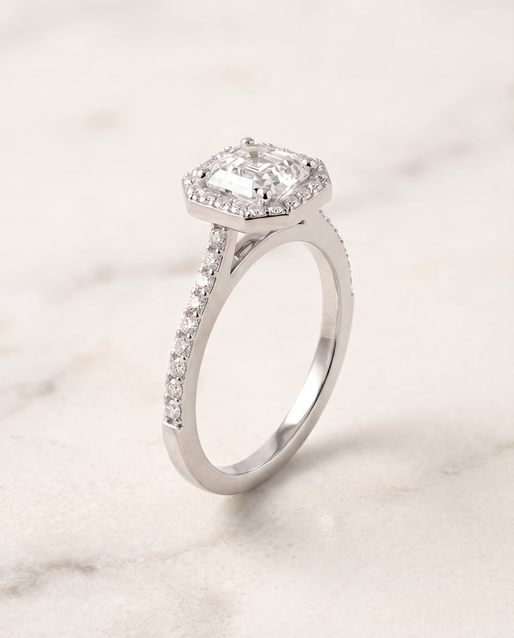 The Taylor Pavé Halo Asscher Cut Engagement Ring Setting in 18K White Gold
