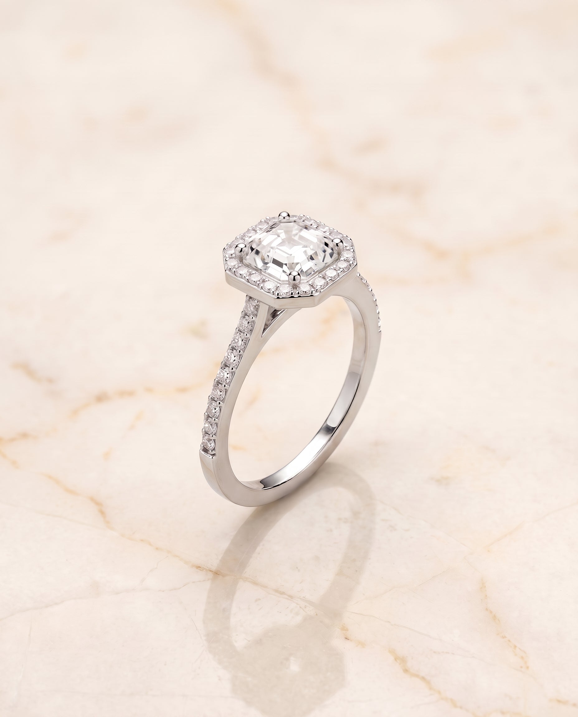 The Taylor Pavé Halo Asscher Cut Engagement Ring Setting in 18K White Gold