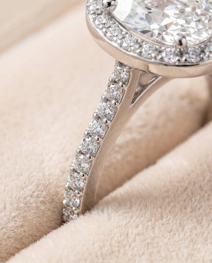 Taylor Select Pavé Halo Oval Lab Diamond Engagement Ring in 18K White Gold, detail view | RockHer