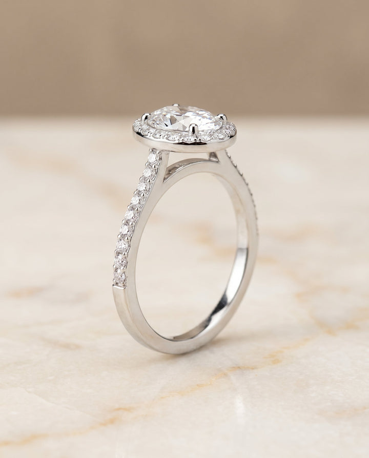 Taylor Select Pavé Halo Oval Lab Diamond Engagement Ring in 18K White Gold, front view | RockHer