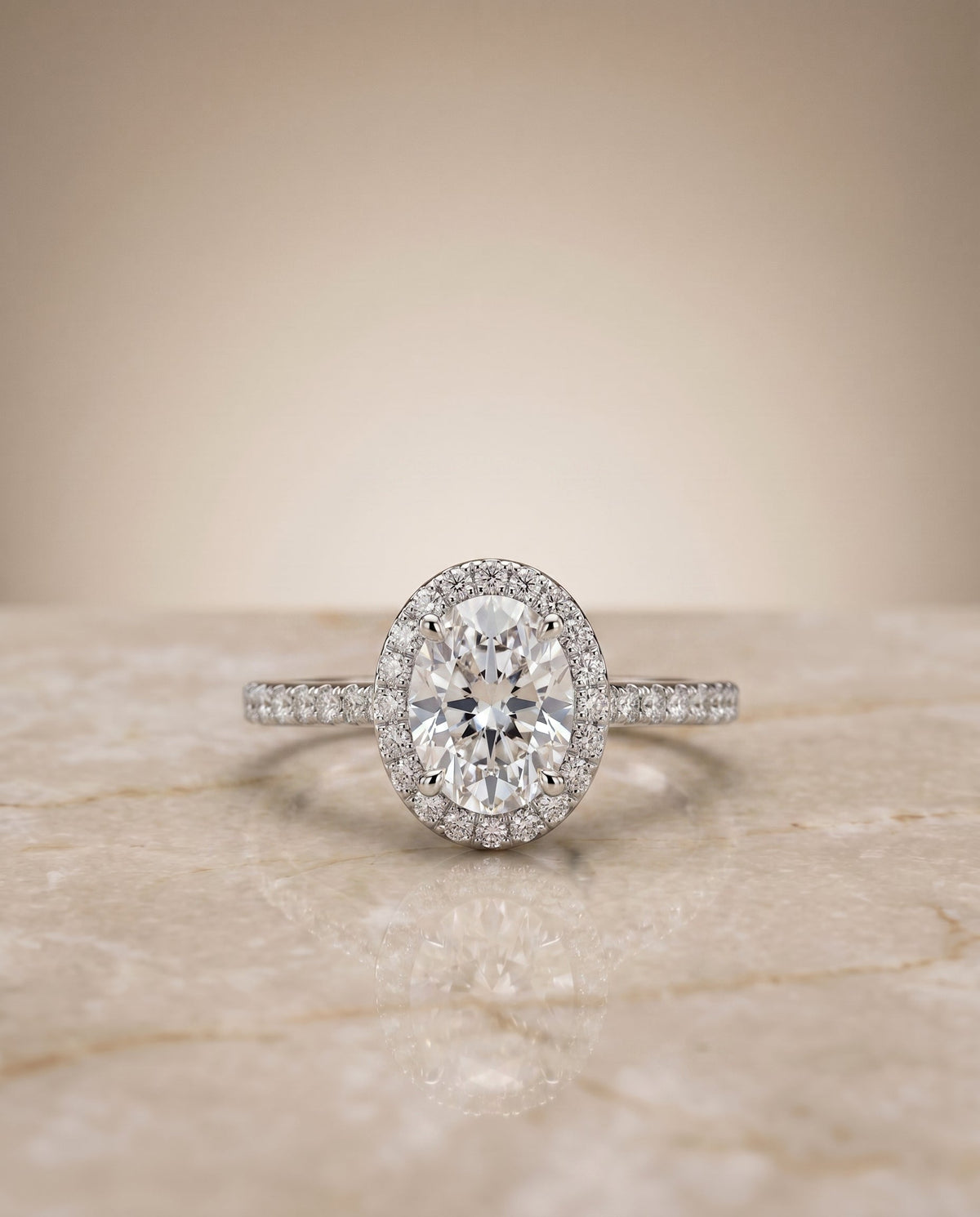 Taylor Select Pavé Halo Oval Lab Diamond Engagement Ring in Platinum, side view | RockHer