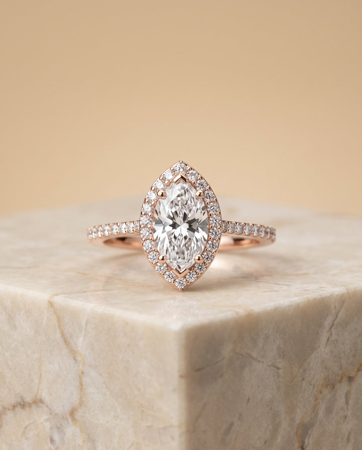 The Taylor Pavé Halo Marquise Engagement Ring Setting in 14K Rose Gold