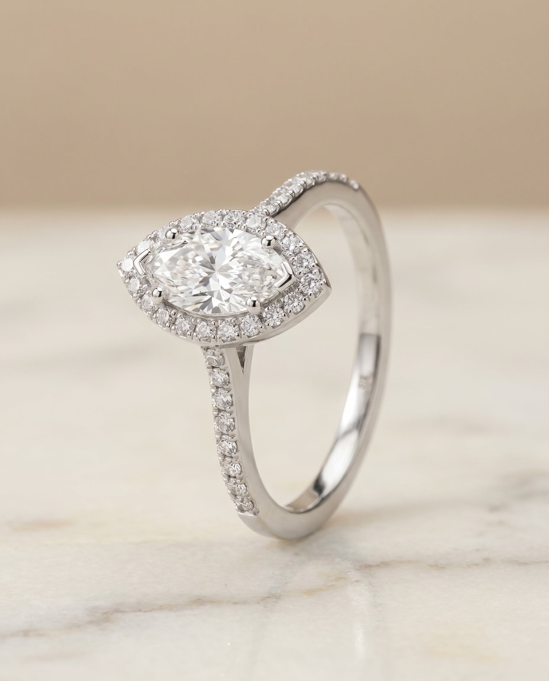 Pavé Halo styling on The Taylor marquise engagement ring setting | RockHer