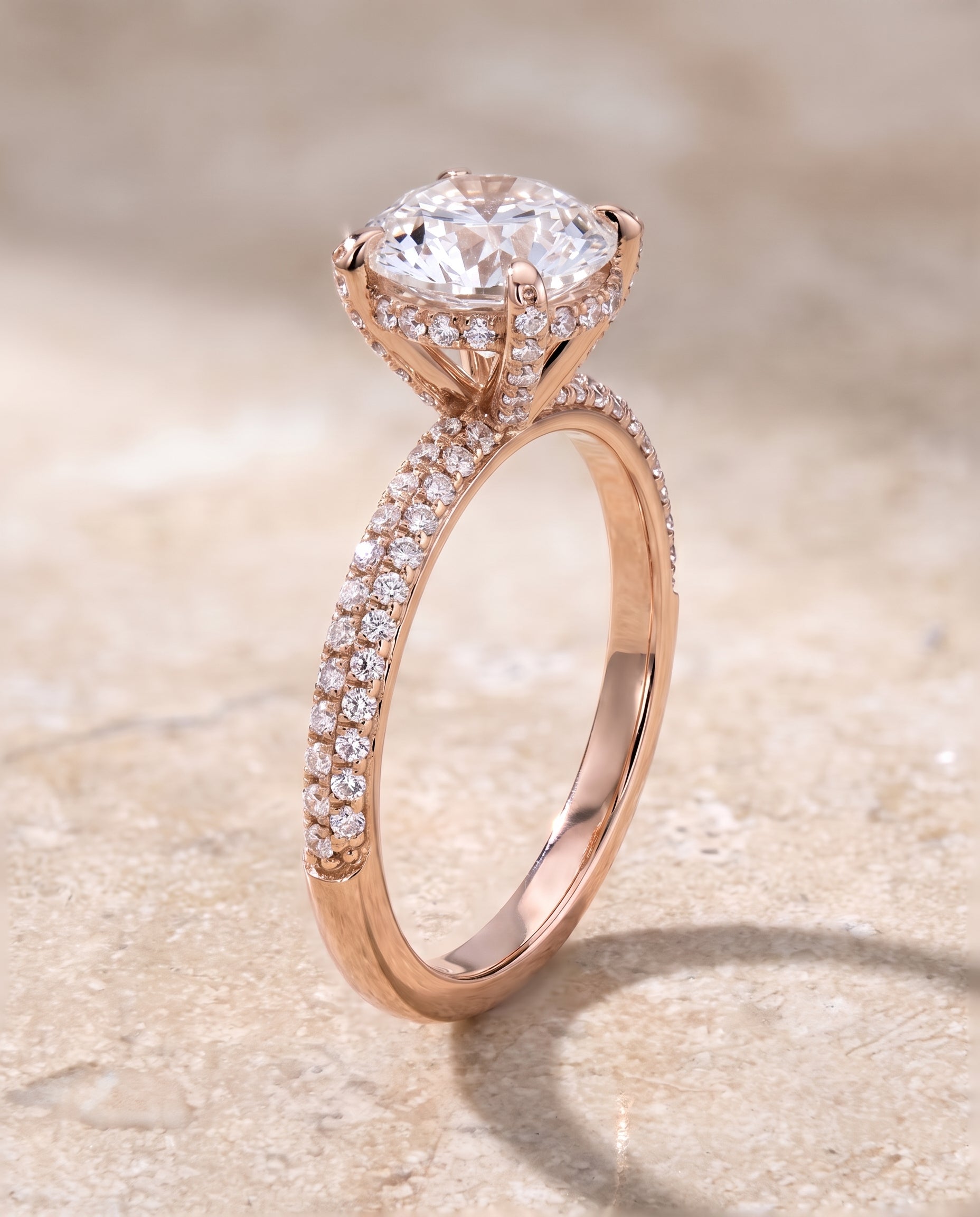 The Tina Triple Row Pavé Round Engagement Ring Setting in 14K Rose Gold