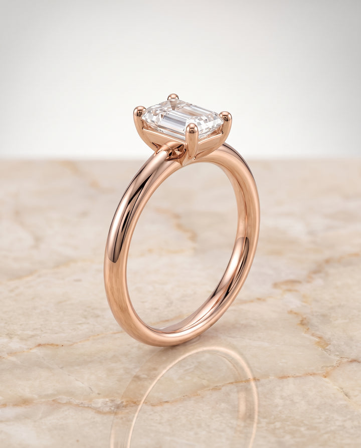 The Tori Rounded Comfort Fit Solitaire Emerald Cut Engagement Ring Setting in 14K Rose Gold