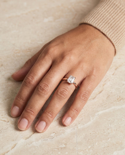 The Tori Rounded Comfort Fit Solitaire Emerald Cut Engagement Ring Setting in 14K Rose Gold
