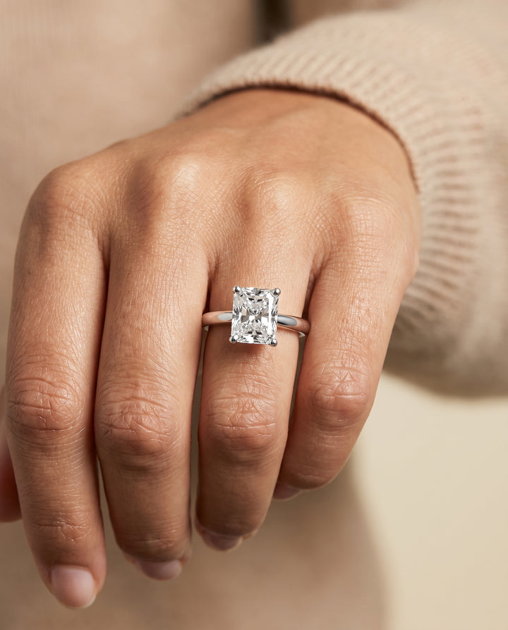 The Tori Rounded Comfort Fit Solitaire Radiant Cut Engagement Ring Setting in 18K White Gold