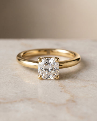 The Tori Rounded Comfort Fit Solitaire Cushion Cut Engagement Ring Setting in 18K Yellow Gold