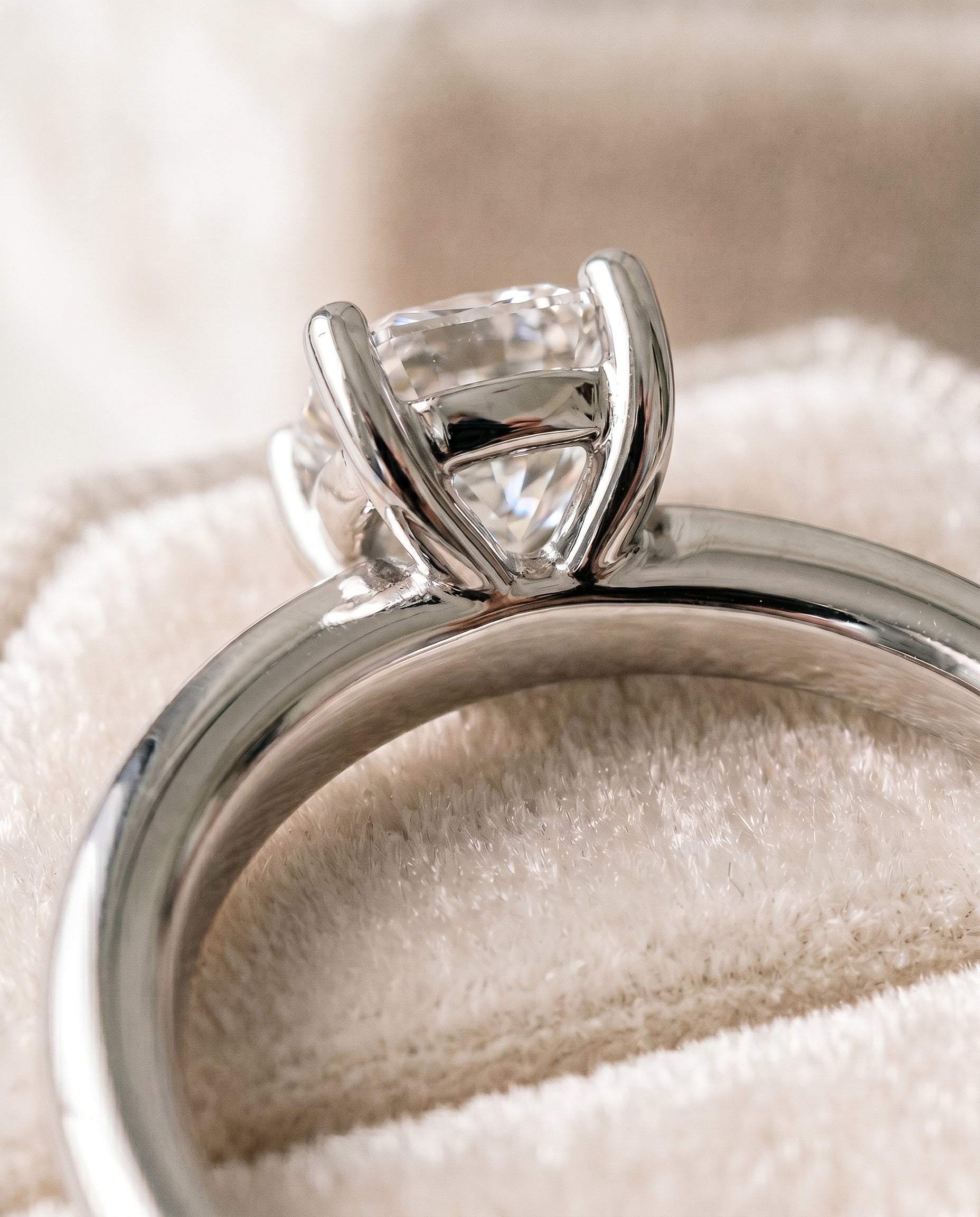 Tori Select Rounded Comfort Fit Solitaire Cushion Cut Lab Diamond Engagement Ring in 18K White Gold, detail view | RockHer