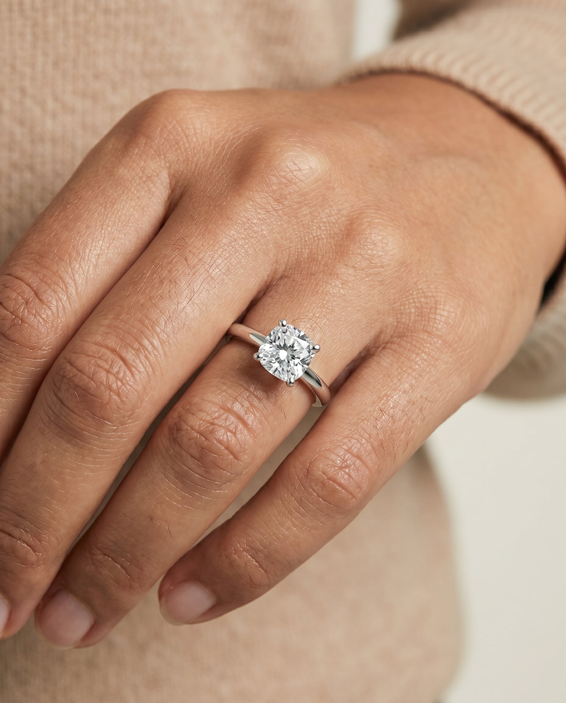 Tori Select Rounded Comfort Fit Solitaire Cushion Cut Lab Diamond Engagement Ring in 18K White Gold, shown on hand | RockHer