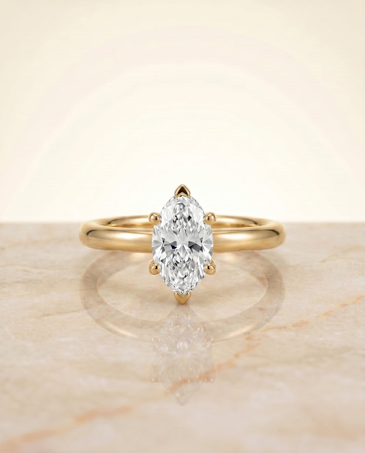 Tori Select Solitaire Marquise Lab Diamond Engagement Ring in 18K Yellow Gold, side view | RockHer