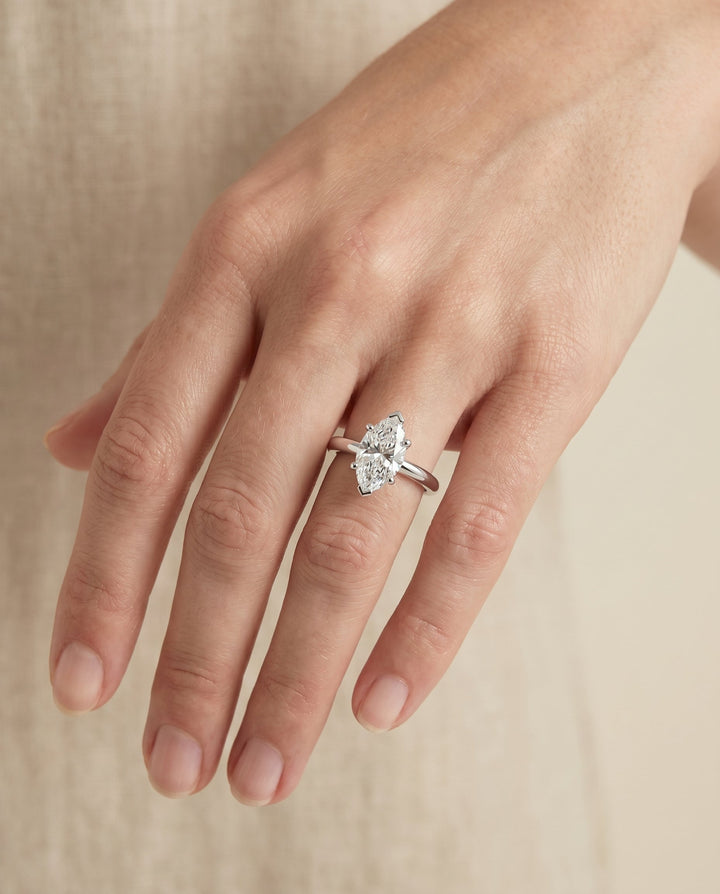 Tori Select Solitaire Marquise Lab Diamond Engagement Ring in 18K White Gold, shown on hand | RockHer