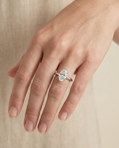 Tori Select Solitaire Marquise Lab Diamond Engagement Ring in Platinum, shown on hand | RockHer
