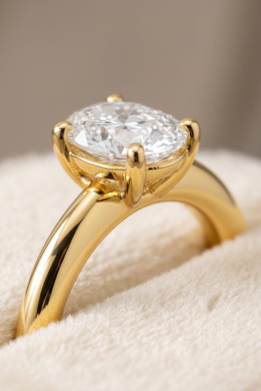 The Tori Select Rounded Comfort Fit Solitaire Oval Lab Diamond Engagement Ring in 18K Yellow Gold, detail view | RockHer