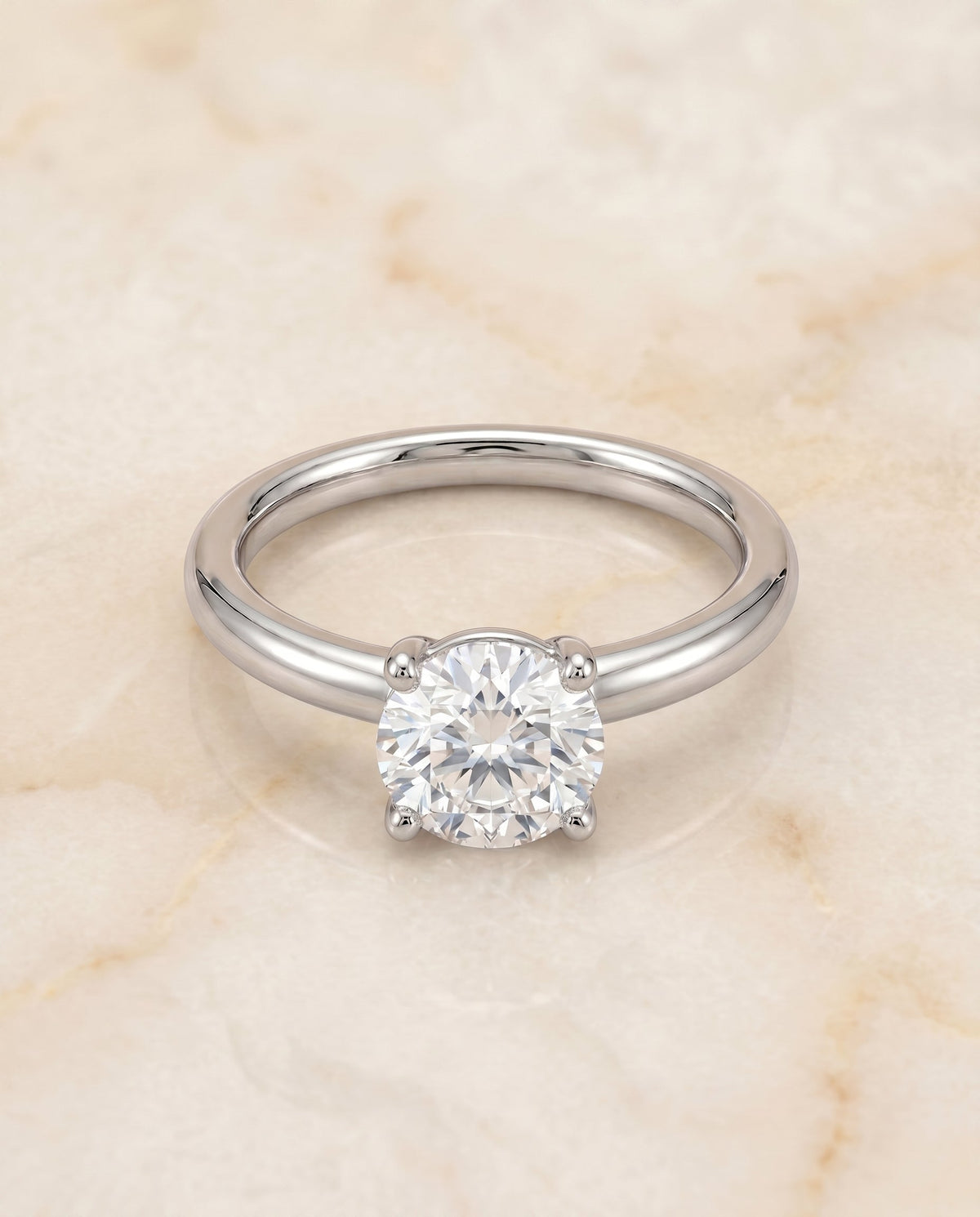 Tori Select Solitaire Round Lab Diamond Engagement Ring in 18K White Gold, shown on hand, angled | RockHer