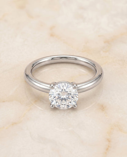 Tori Select Solitaire Round Lab Diamond Engagement Ring in 18K White Gold, shown on hand, angled | RockHer