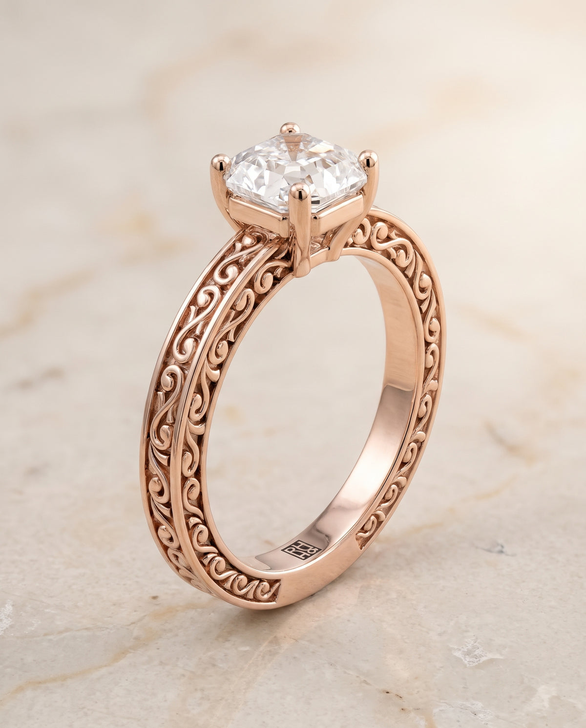 The Veronica Hand Engraved Scroll Vintage Solitaire Asscher Cut Engagement Ring Setting in 14K Rose Gold
