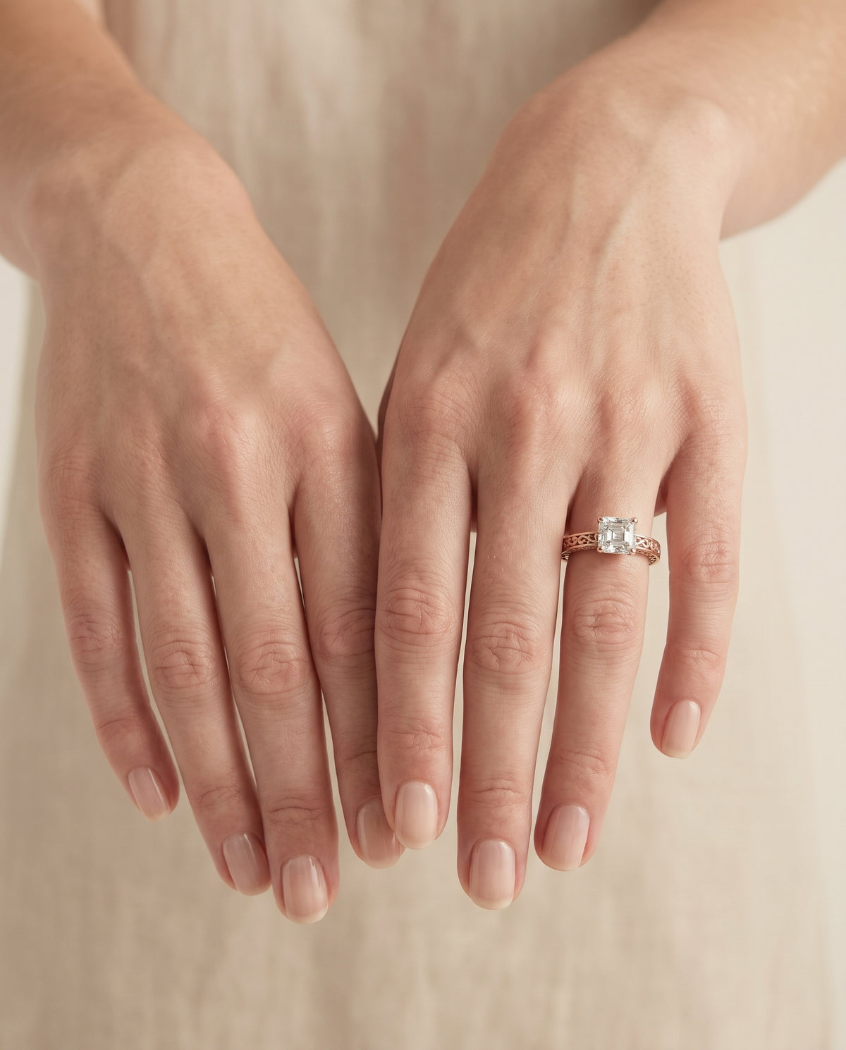The Veronica Hand Engraved Scroll Vintage Solitaire Asscher Cut Engagement Ring Setting in 14K Rose Gold
