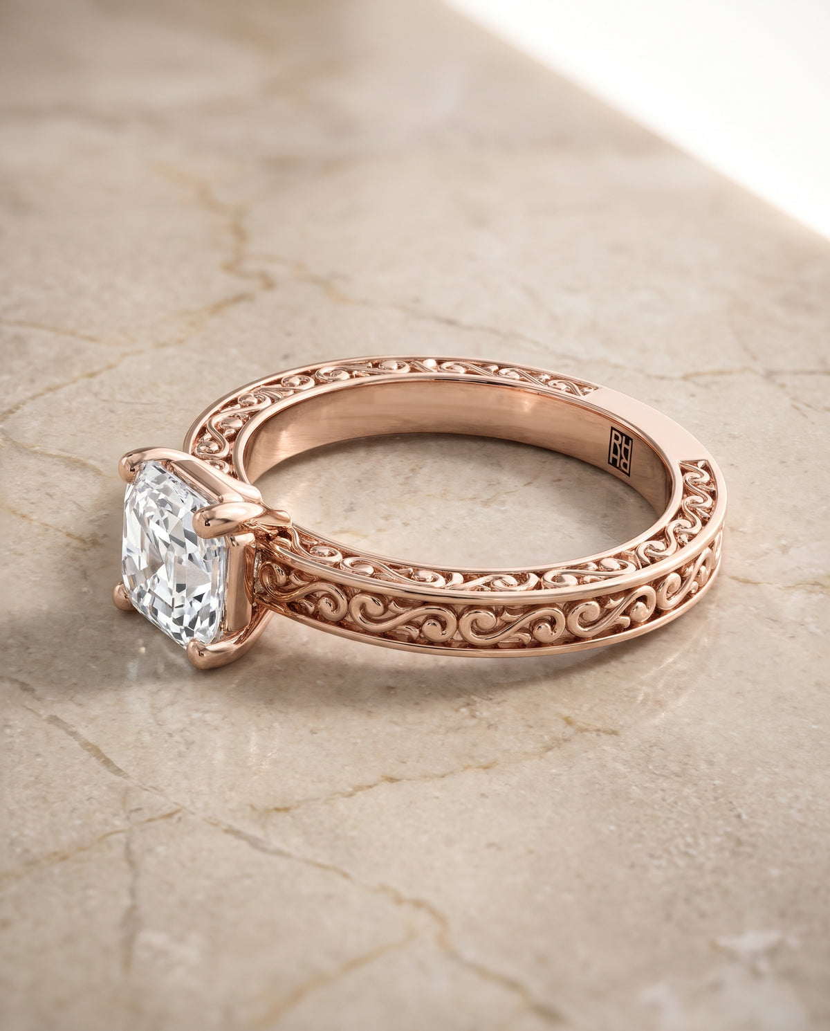 The Veronica Hand Engraved Scroll Vintage Solitaire Asscher Cut Engagement Ring Setting in 14K Rose Gold