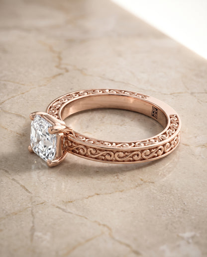 The Veronica Hand Engraved Scroll Vintage Solitaire Asscher Cut Engagement Ring Setting in 14K Rose Gold
